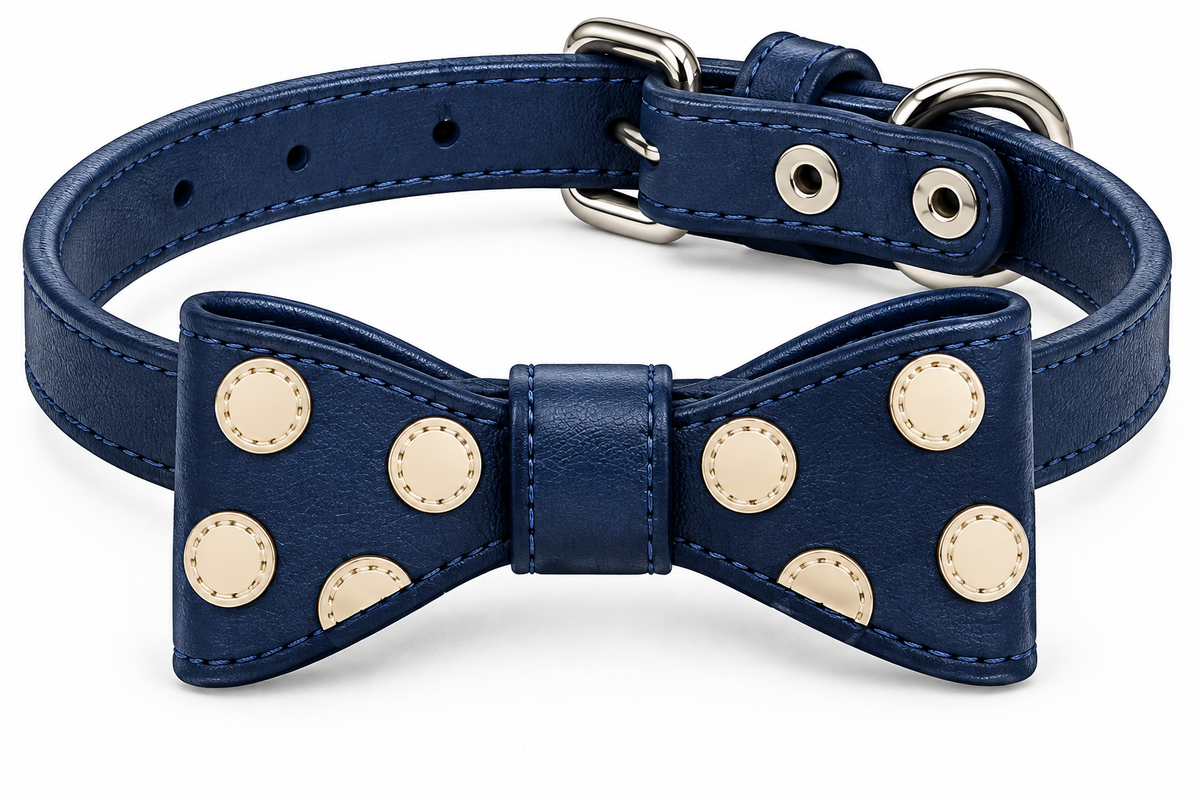 Leather RIBBON Collar Small Breed Dogs & Cats Navy & Beige Dots