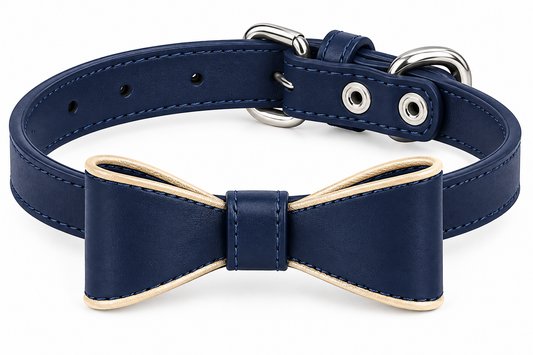 Leather RIBBON Collar Small Breed Dogs & Cats Navy & Beige